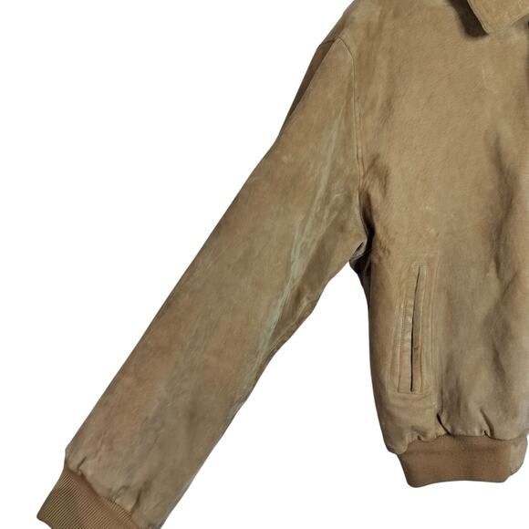 M788) Vintage Duncan Row Large Tan Leather Bomber Plaid Lined Jacket - Picture 3 of 13